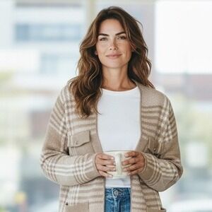 Ann Taylor Factory Beige Plaid Open Front Cardigan Sweater Small NWT